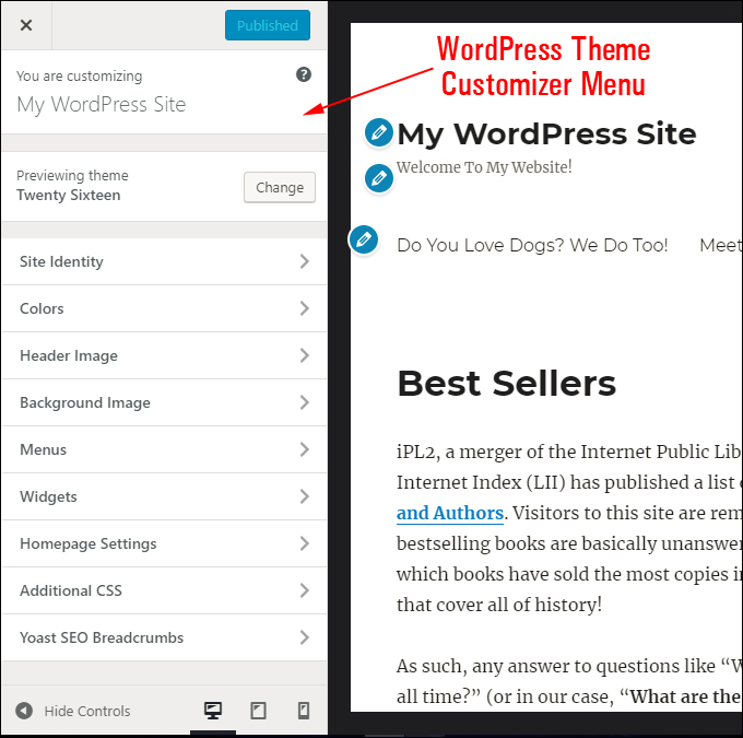 WordPress Theme Customizer Menu.