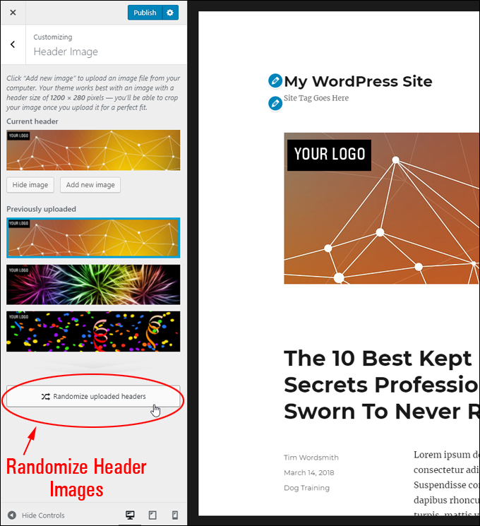 WordPress Theme Customizer - Randomize uploaded header images feature.