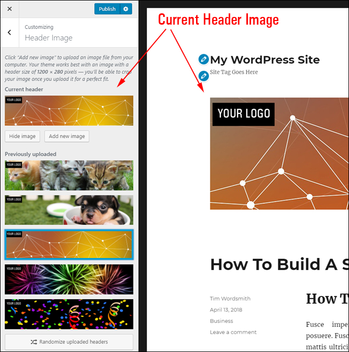 WordPress Theme Customizer - Header Image section.