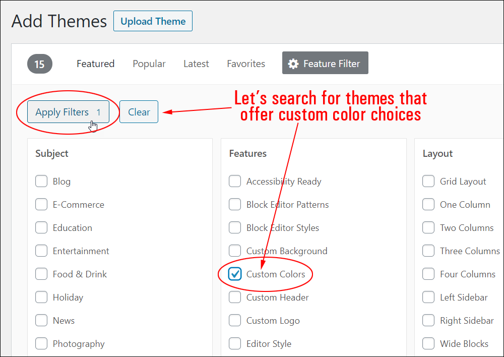 WordPress Add Themes screen - Feature Filter