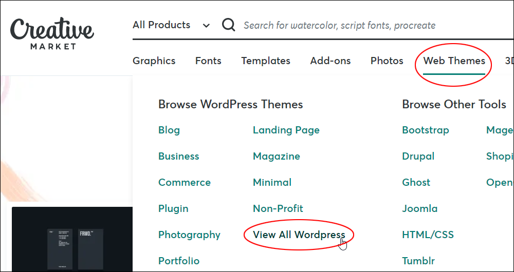 Creative Market - Web Themes menu.