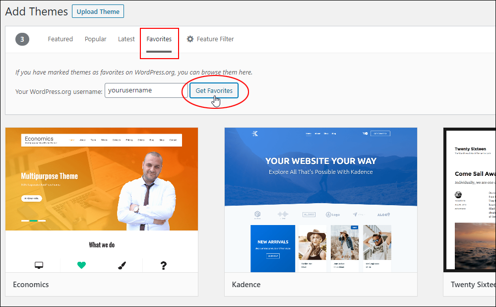 WordPress Add Themes screen - Favorites tab.