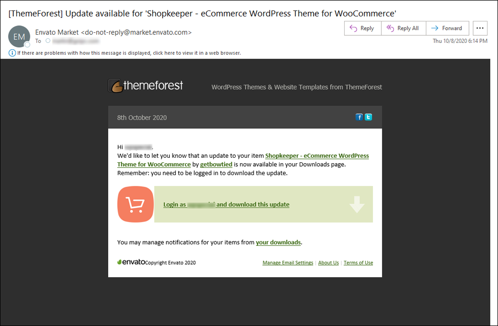 ThemeForest theme update email notification.