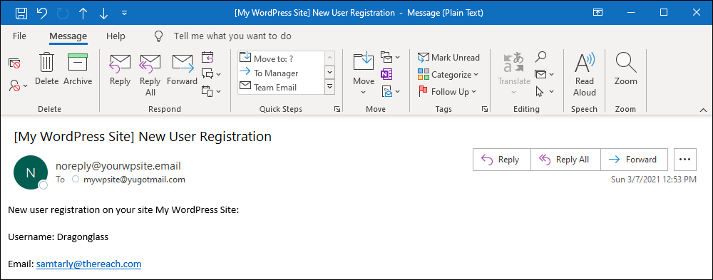 New User Registration email notification sent to Administrator.