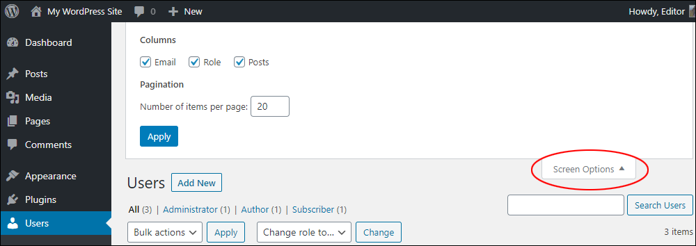 WordPress Users Section - Screen Options Tab.