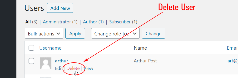WordPress Users screen - Delete User.