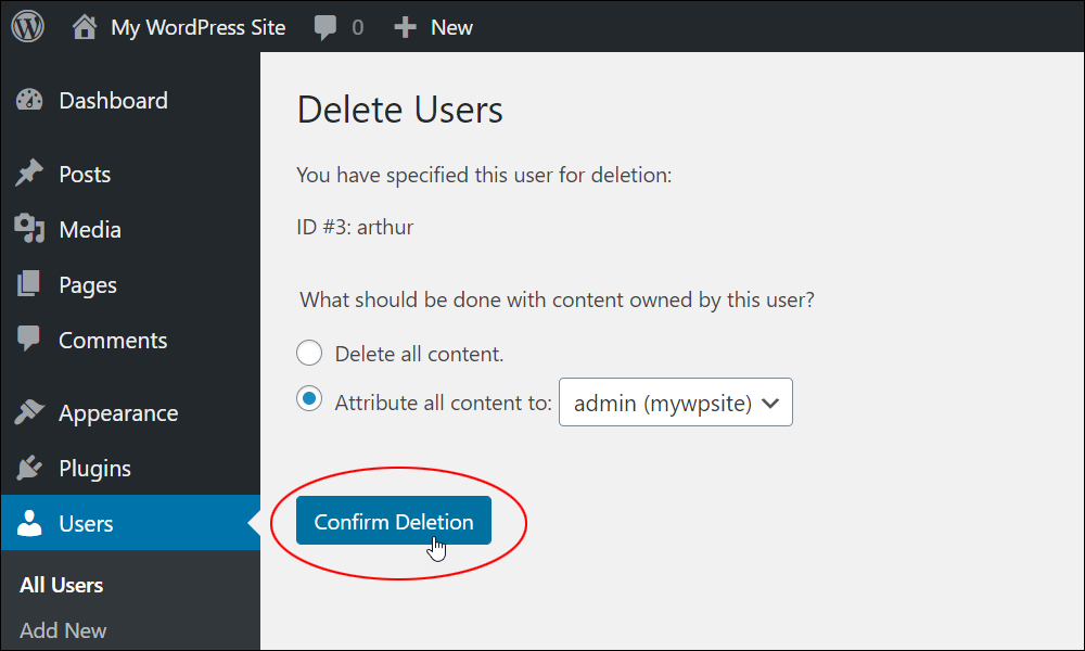 Delete Users screen - Confirm Deletion button.