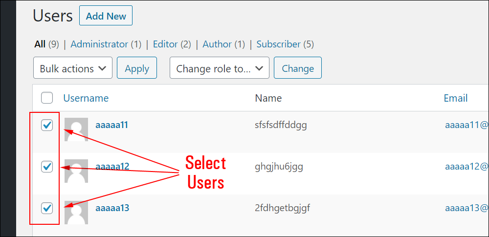 Users screen - Select users to delete.