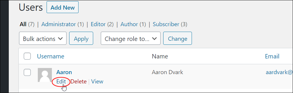 WordPress Users screen - Inline Edit menu link.