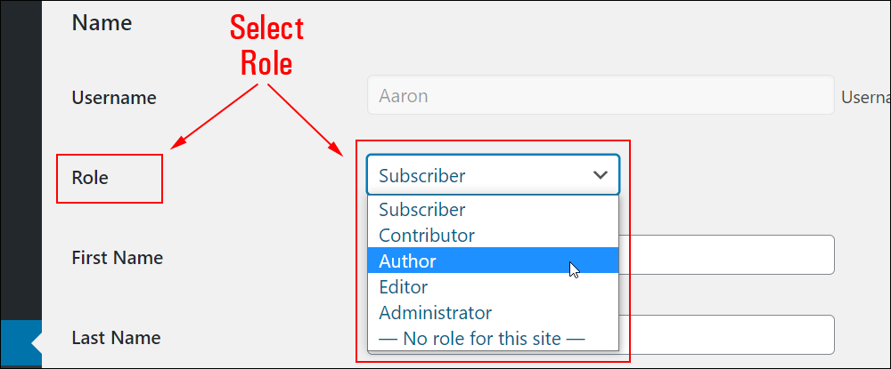 Users screen: Role section - Role drop-down menu.