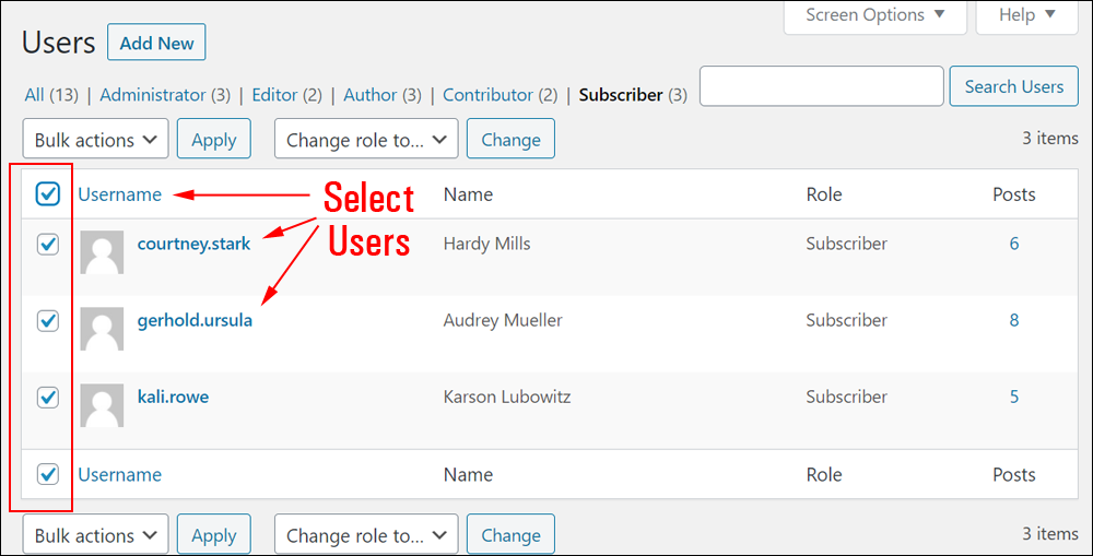 WordPress Users screen - Select Users.