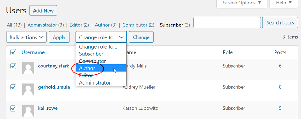 WordPress Users screen - Change role to ... dropdown menu.