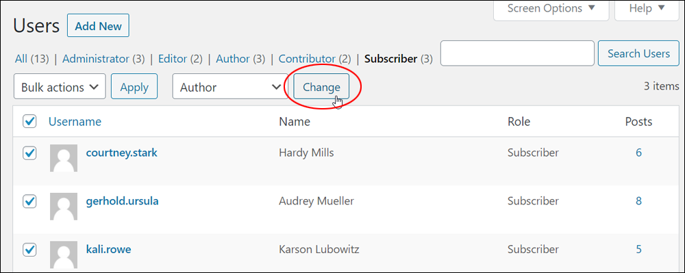 WordPress Users screen - Change role button.