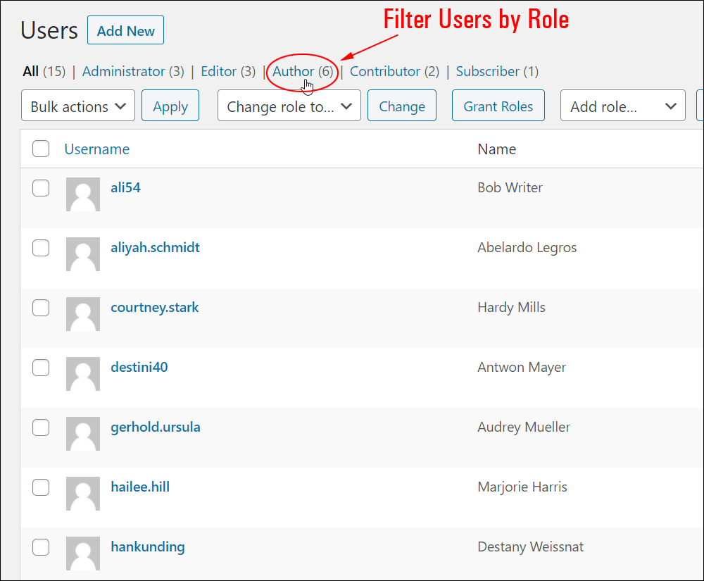 Users screen - Filter users by role feature.