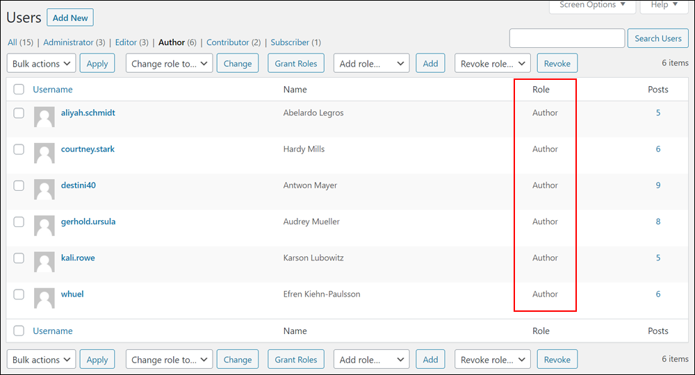 WordPress Users screen - Users filtered by role.