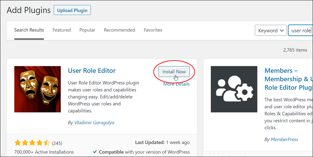 Add Plugins screen: User Role Editor - Install Now.