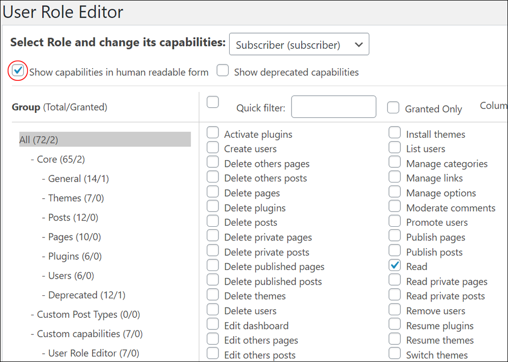 User Role Editor - Show capabilities in human-readable form.