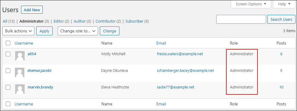 Users screen - Multiple Administrators.