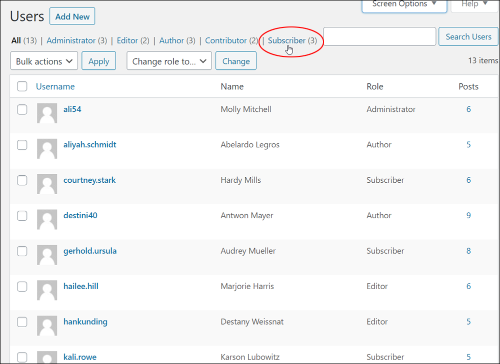 WordPress Users screen: Users menu filters - Subscriber role highlighted.