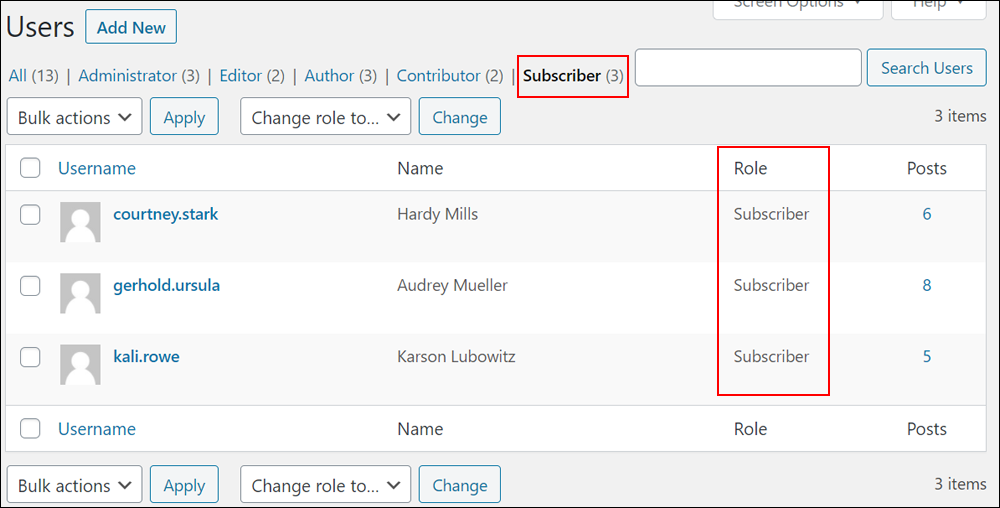 Users screen - Users filtered by Subscriber role.