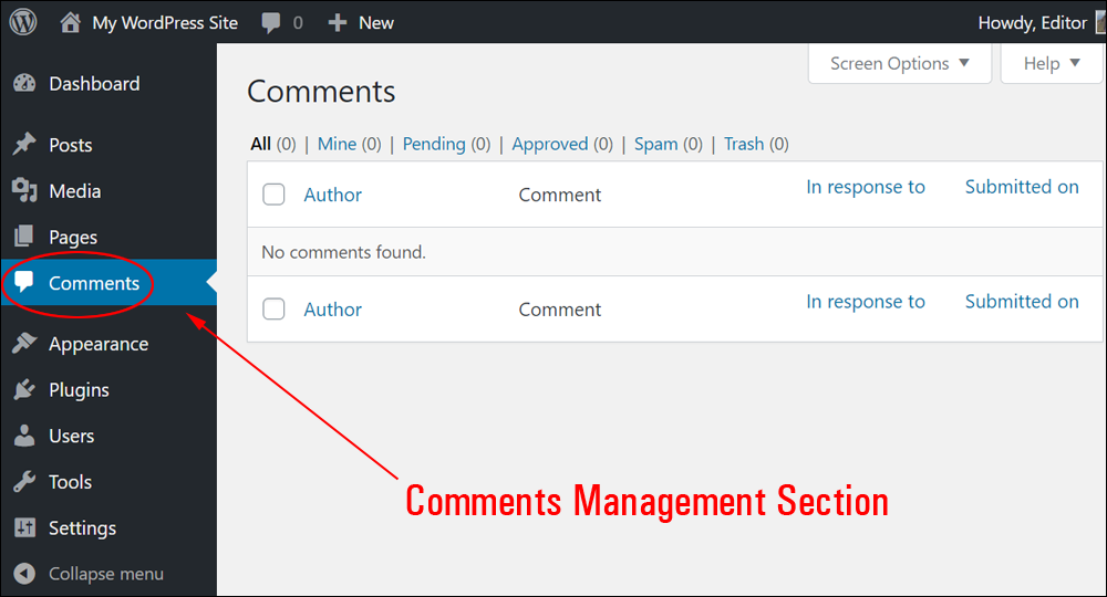 WordPress Comments screen.