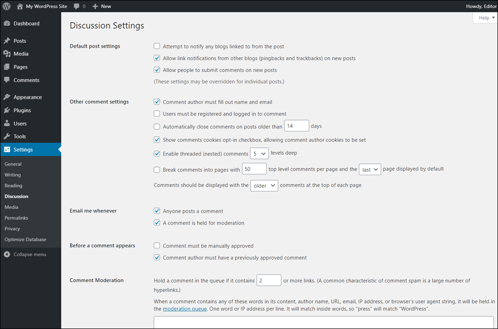 WordPress Discussion Settings screen.