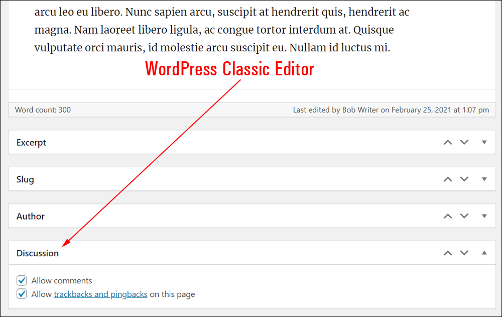 WordPress Classic Editor - Discussion panel.