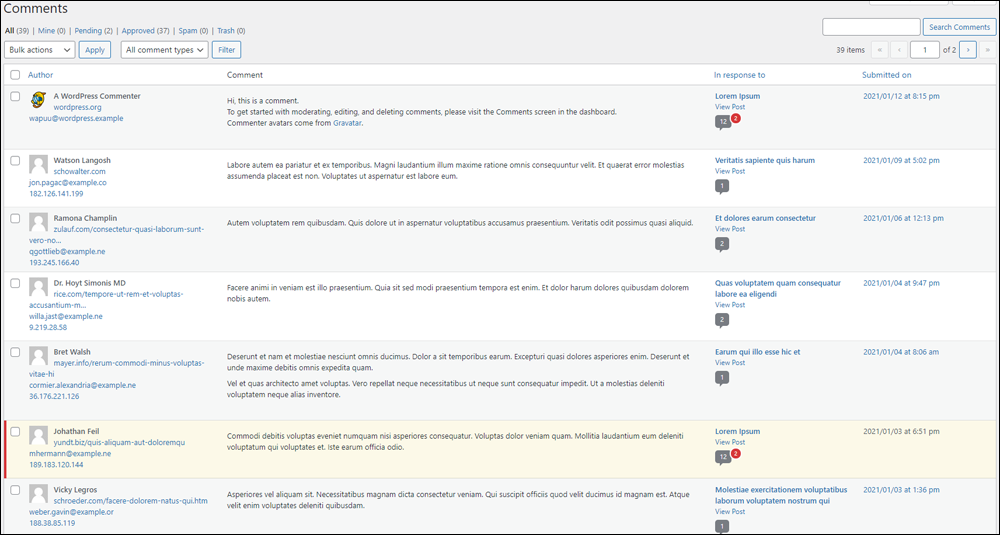 WordPress Comments screen.