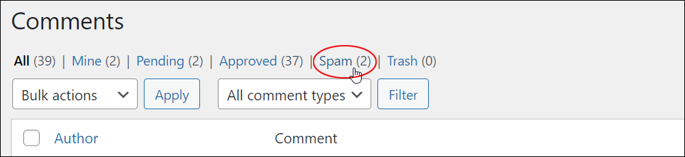 Comments screen - Spam status menu link.