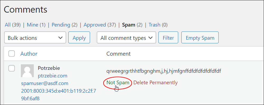 Comments: Spam section - Additional comment options.