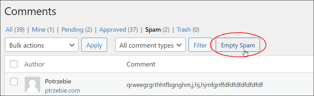 Comments: Spam - Empty Spam button.