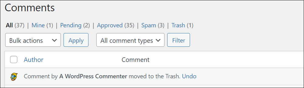 WordPress Comments screen - Comment moved to the Trash.