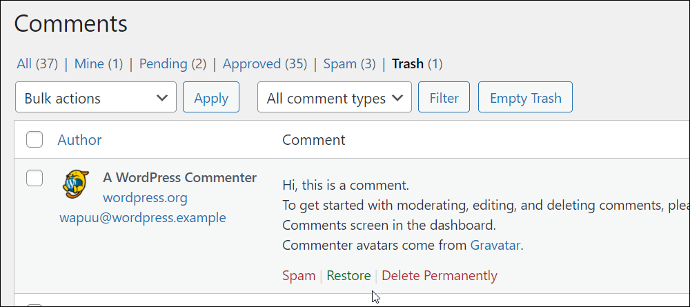 Comments screen - Additional comment management functions.