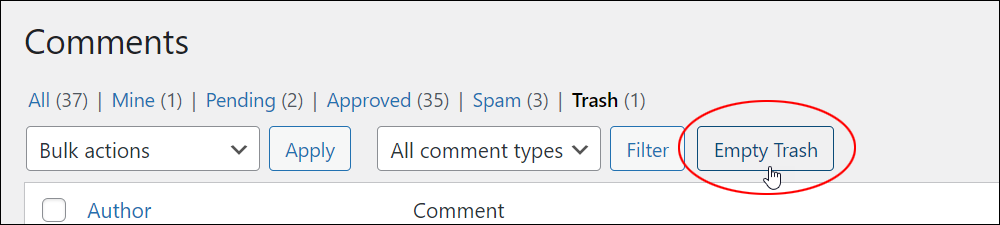 WordPress Comments screen - Empty Trash button.