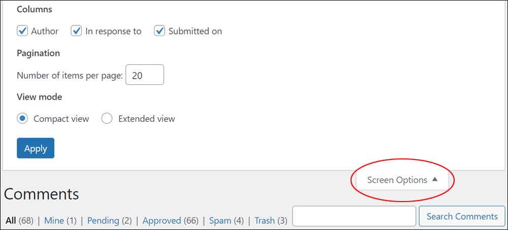 Comments screen - Screen Options tab options.