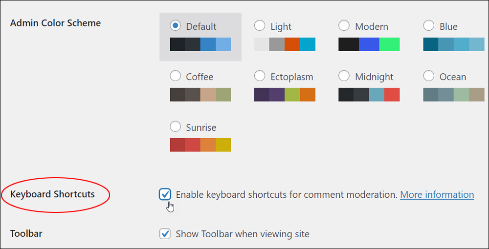 User Profile screen - Keyboard shortcusts section.