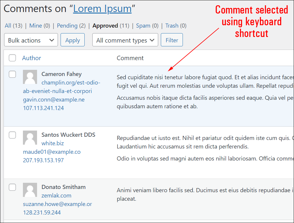 WordPress Comments screen - Comment selected using keyboard shortcut.