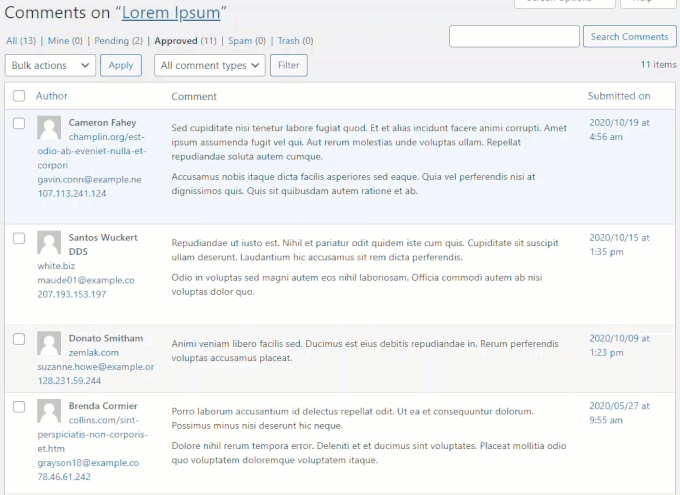 WordPress Comments screen - Navigating comments using keyboard shortcuts.