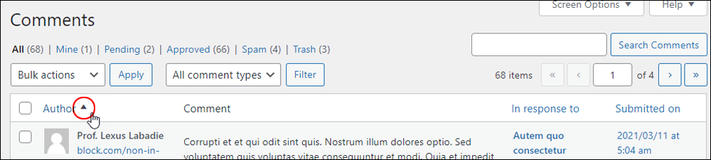WordPress Comments screen - Sort comments by Author.