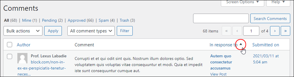 WordPress Comments screen - Sort comments by post title.