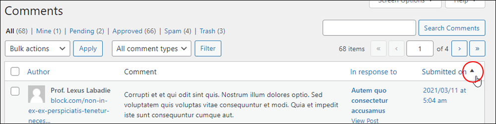 WordPress Comments screen - Sort comments by date/time.