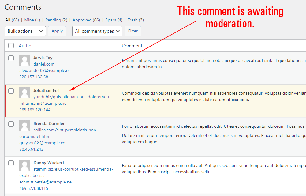 WordPress Comments screen showing comment awaiting moderation.