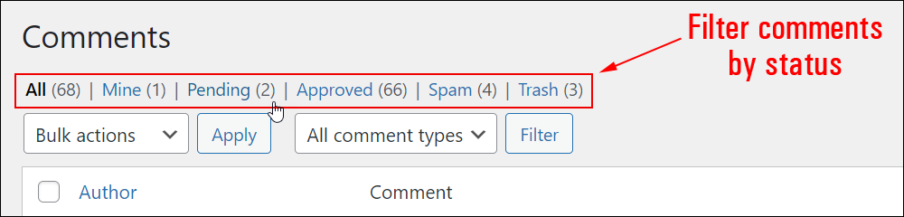 WordPress Comments screen - Filter comments by status.