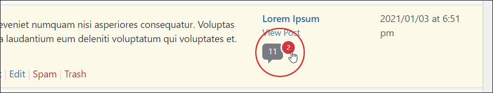 WordPress Comments screen: number of comments in moderation.