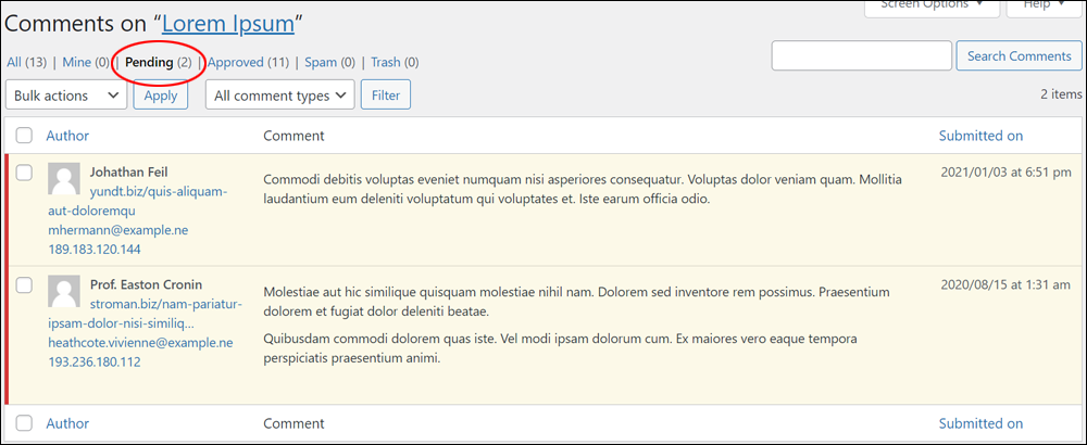 WordPress Comments screen: Pending comments for selected post.