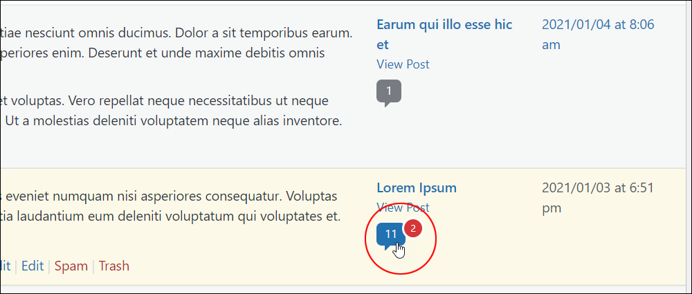 WordPress Comments screen: Dialog bubble icon displaying the number of approved comments.