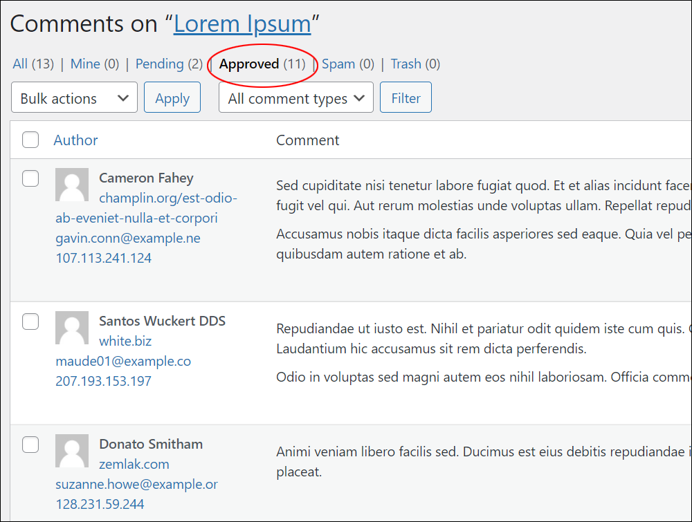 WordPress Comments screen: Approved comments status.