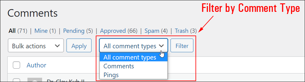 WordPress Comments screen - Filter by comment type.