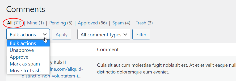 WordPress Comments screen: All comments status - Bulk edit menu.