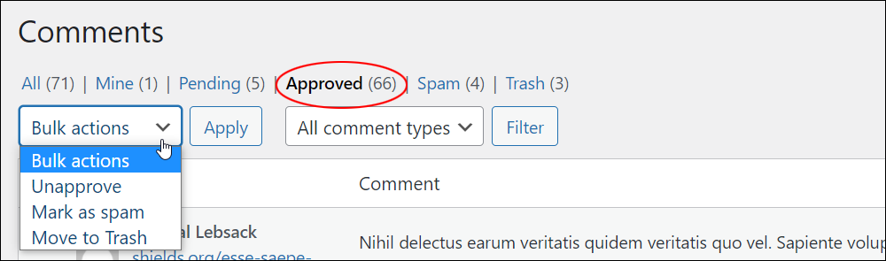 WordPress Comments screen: Approved comments status - Bulk edit menu.